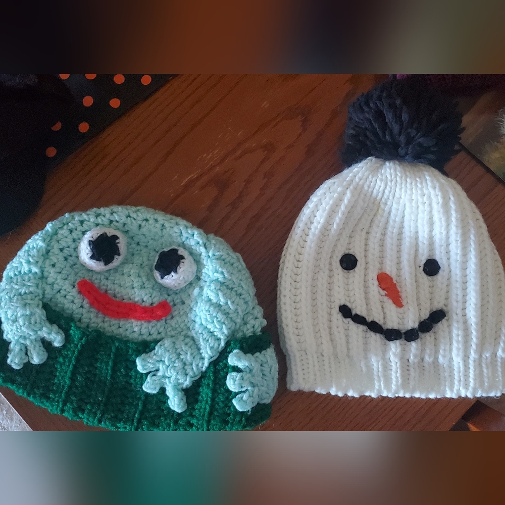 Frog hat and snowman hat